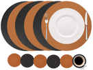 Cookinglife 6 Placemats + 6 Onderzetters - Dubbelzijdig - Rond - Vegan leer - Zwart / Cognac
