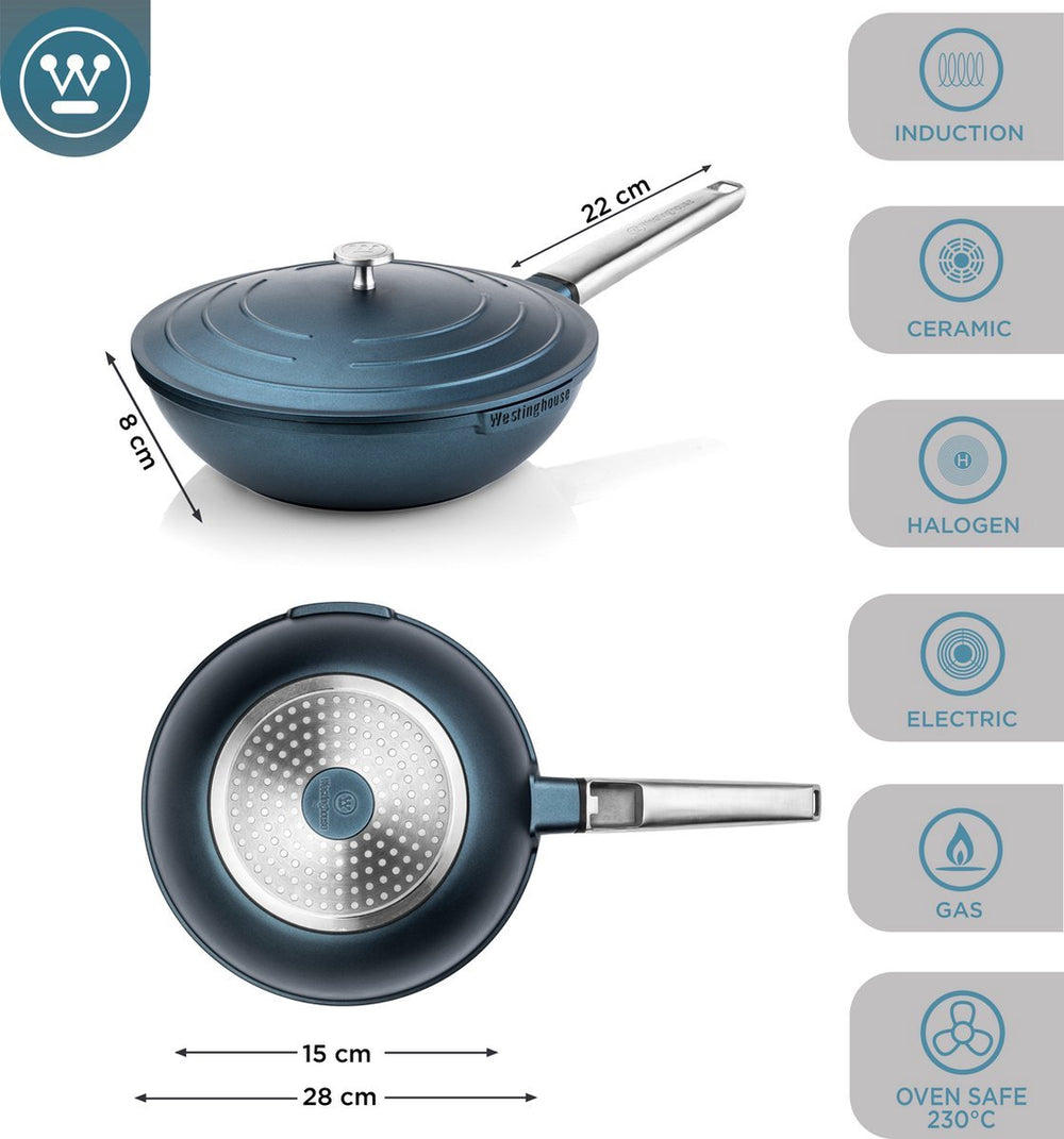 Westinghouse Pannenset Performance (Wokpan + Grillpan) ø 28 cm - Blauw - Inductie en alle andere warmtebronnen