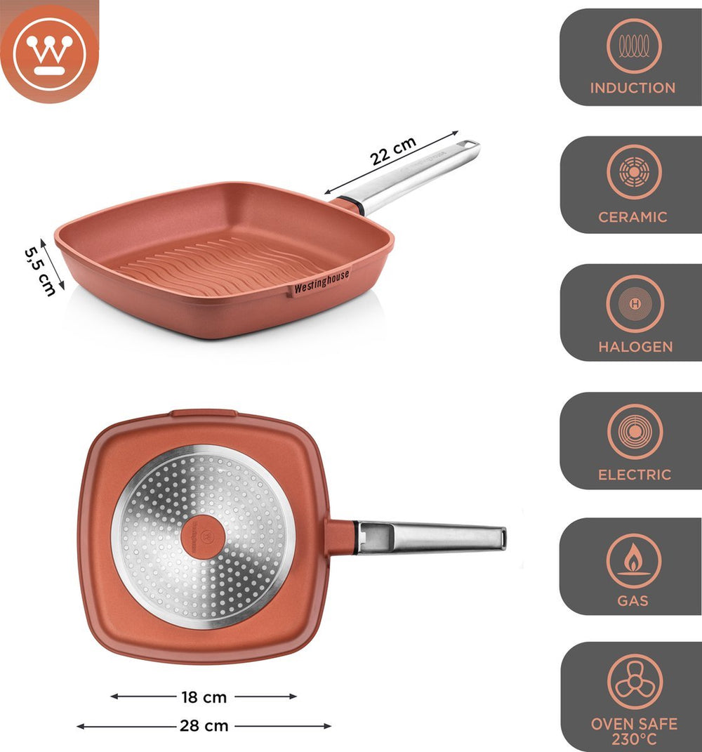 Westinghouse Pannenset Performance (Wokpan + Grillpan) ø 28 cm - Rood - Inductie en alle andere warmtebronnen