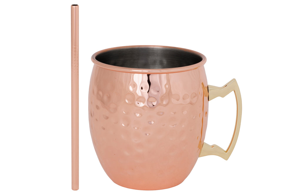 Cosy & Trendy Moscow Mule Cocktailbekers met Rietjes - Gehamerd Koper - 450 ml - 2 Stuks