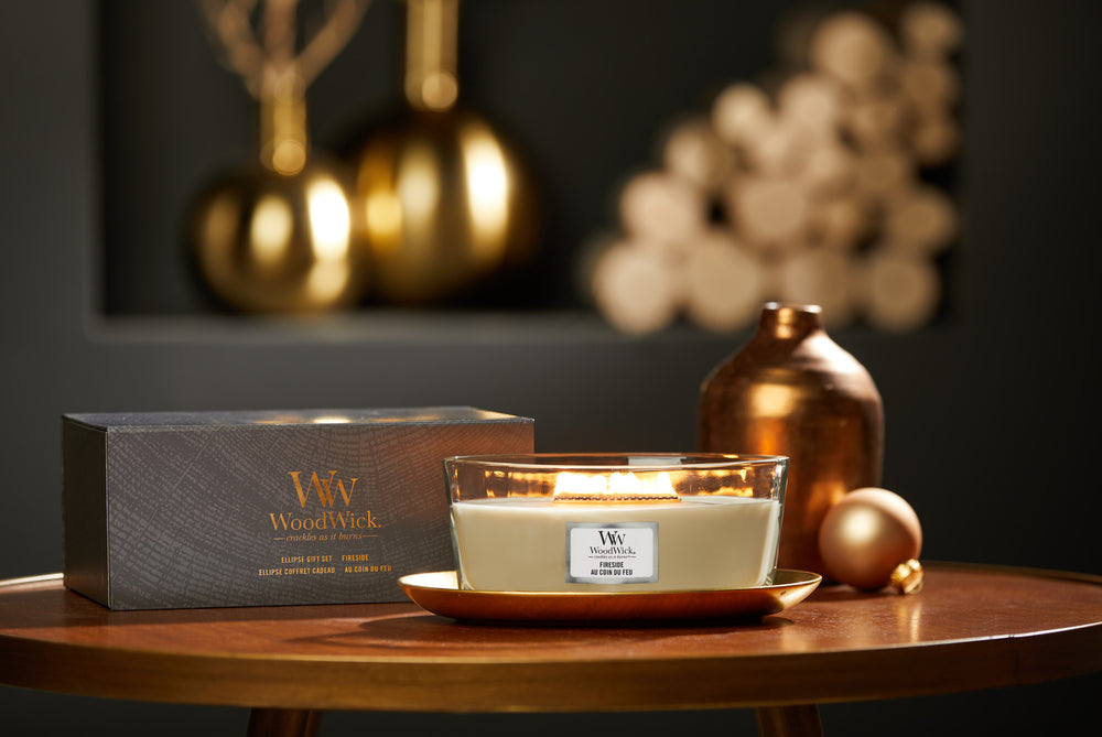 Ensemble cadeau WoodWick Bougie parfumée Ellipse Fireside