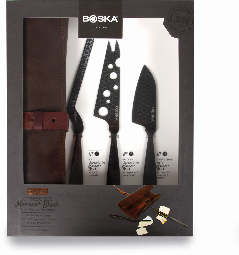 Boska Set de couteaux à fromage Monaco+ Noir - avec revêtement en cuir