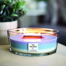 WoodWick Geurkaars Medium Trilogy Calming Retreat - 11 cm / ø 10 cm - Geurkaars in Glas - Houten Lont