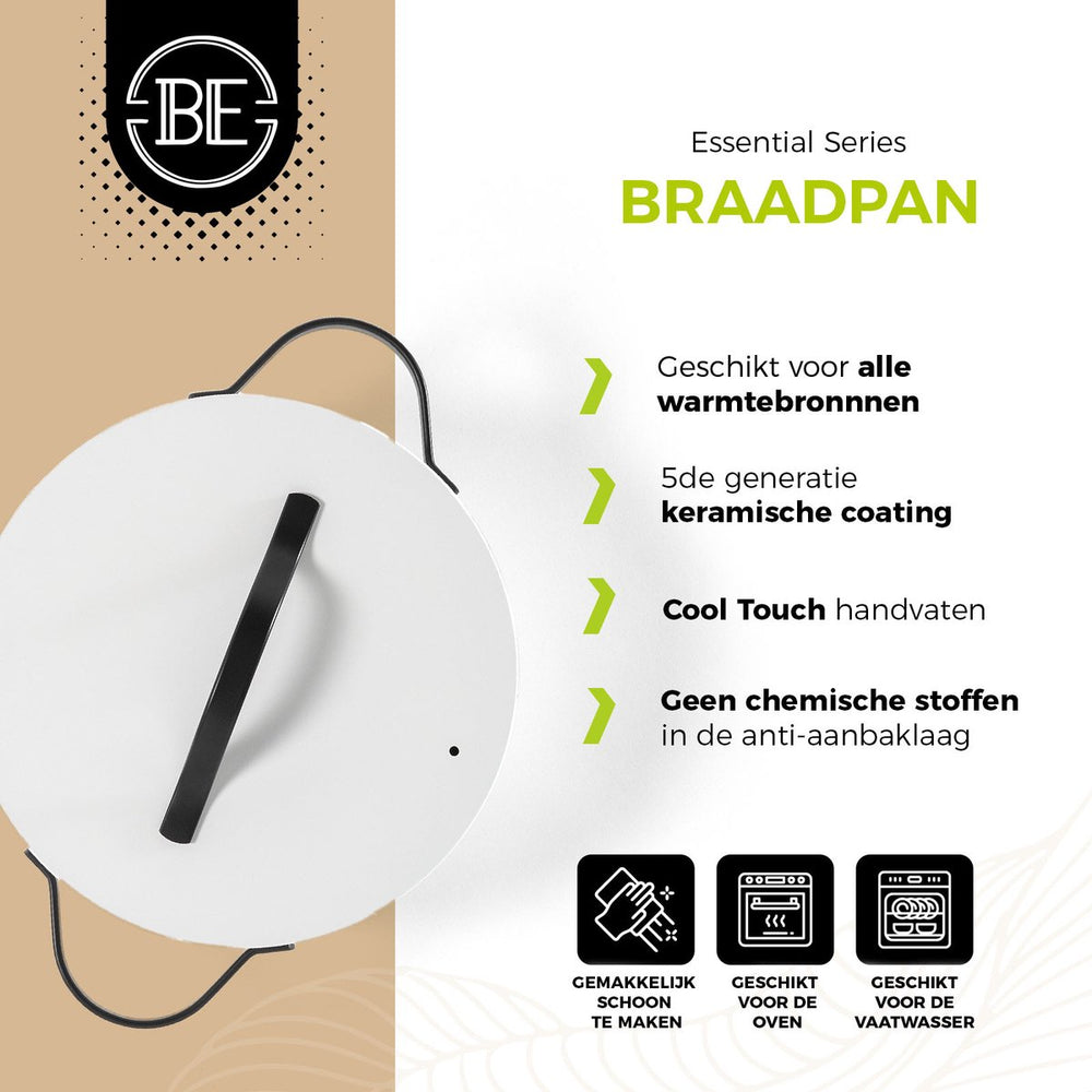 BE Living Braadpan met Deksel - Ø 24 cm - Keramische anti-aanbaklaag - Geschikt voor alle warmtebronnen - Wit