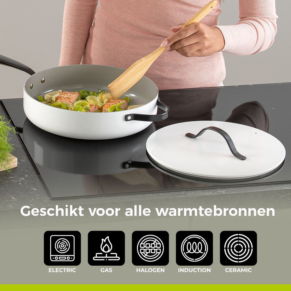 BE Living Hapjespan met Deksel - Ø 28cm - Keramische anti-aanbaklaag - PFAS vrij - Geschikt voor alle warmtebronnen - Wit