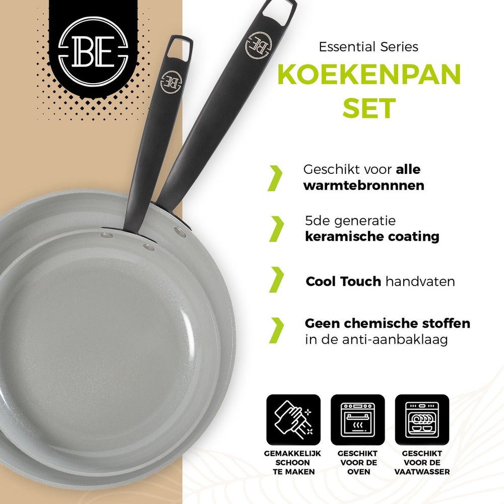 BE Living Koekenpannenset - Ø 24 & 28 cm - Keramische anti-aanbaklaag - Geschikt voor alle warmtebronnen - Wit