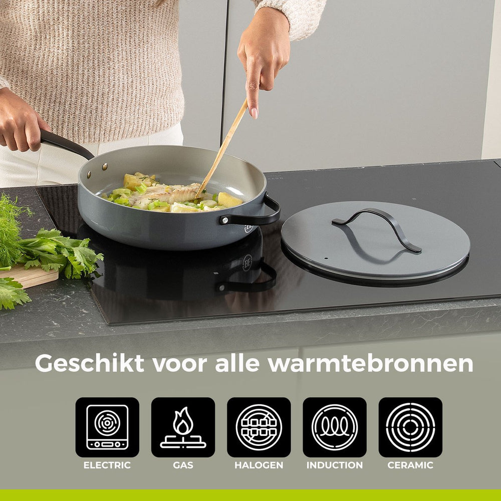 BE Living Pannenset - 12-delig - Essential - Keramische anti-aanbaklaag - Geschikt voor alle warmtebronnen - Grijs