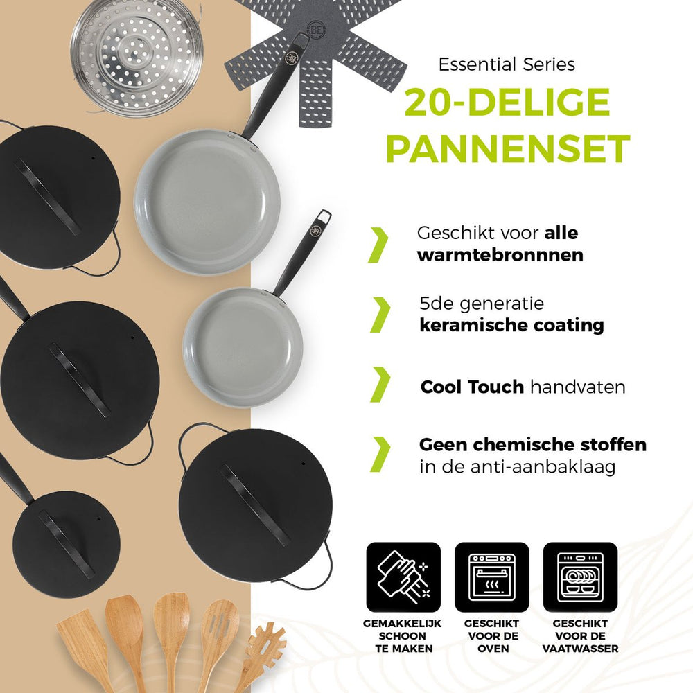 BE Living Pannenset - 20-delig - Essential - Keramische anti-aanbaklaag - Geschikt voor alle warmtebronnen - Zwart