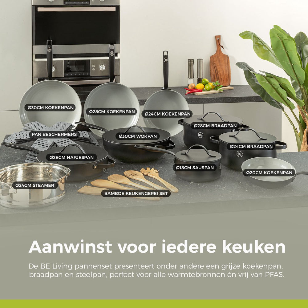 BE Living Steelpan met Deksel - Ø 18cm - Keramische anti-aanbaklaag - PFAS vrij - Geschikt voor alle warmtebronnen - Zwart