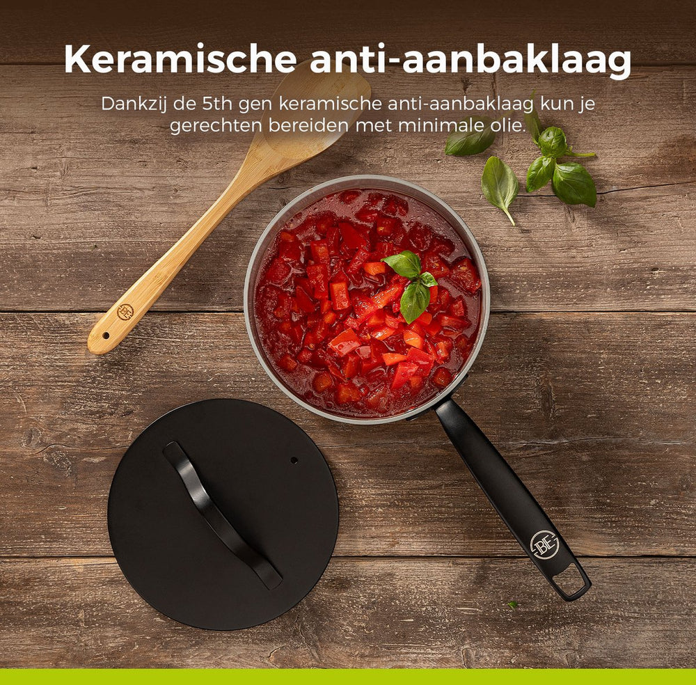 BE Living Steelpan met Deksel - Ø 18cm - Keramische anti-aanbaklaag - PFAS vrij - Geschikt voor alle warmtebronnen - Zwart