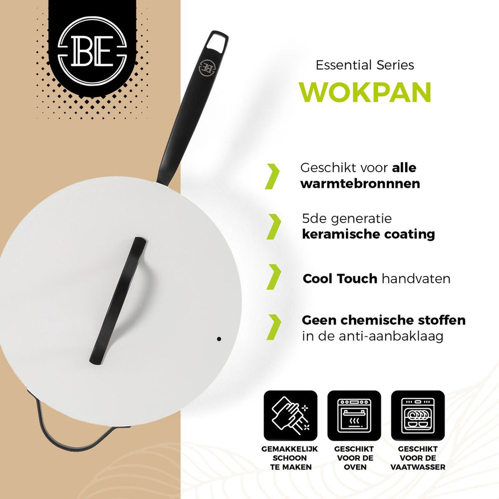 BE Living Wokpan met Deksel - Ø 30 cm - Keramische anti-aanbaklaag - PFAS vrij - Geschikt voor alle warmtebronnen - Wit