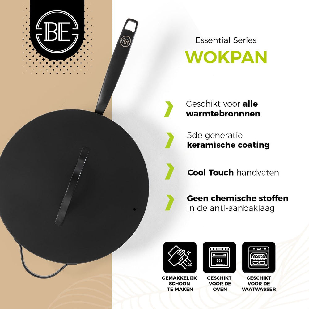 BE Living Wokpan met Deksel - Ø 30 cm - Keramische anti-aanbaklaag - PFAS vrij - Geschikt voor alle warmtebronnen - Zwart