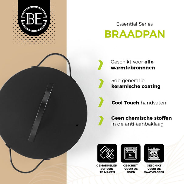 BE Living Braadpan met deksel ø 24 cm - keramische anti-aanbaklaag - geschikt voor alle warmtebronnen - zwart