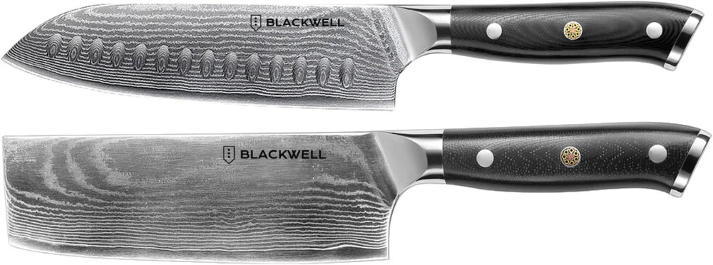 Blackwell Messenset (Santokumes + Groentemes/Nakiri) - Japanse stijl - 67 lagen damaststaal - VG10 - 2- delig