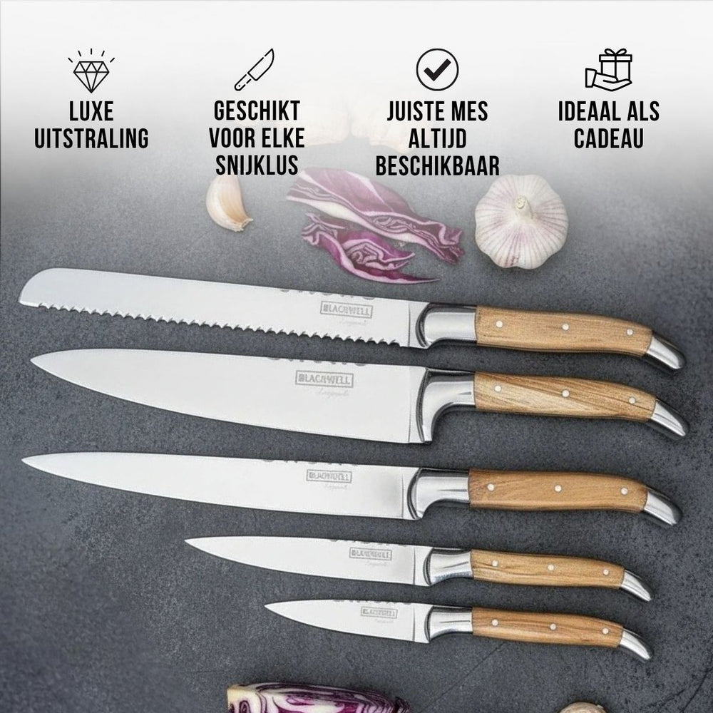 Blackwell Messenblok Magnetisch - Koksmessenset - Laguiole - Olijfhout - Koksmes, Broodmes, Vleesmes, Officemes & Schilmes 6-delig