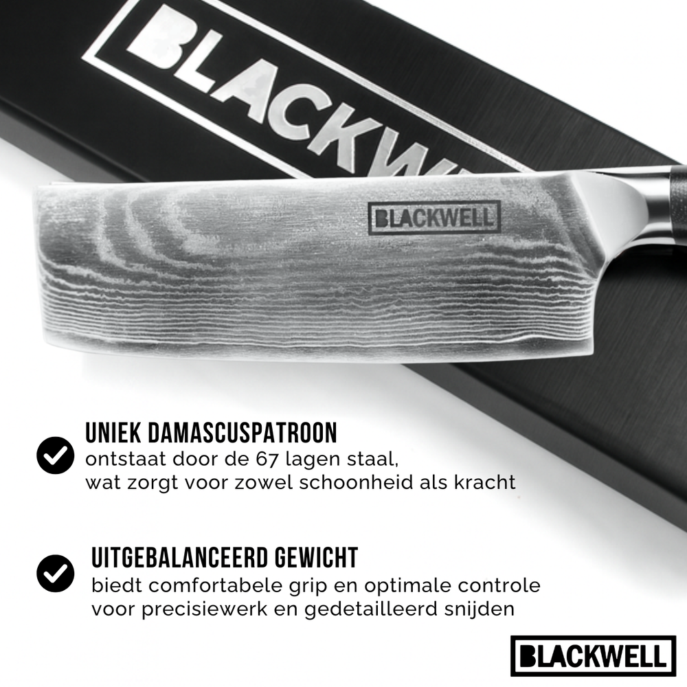 Blackwell Messenset (Santokumes + Groentemes / Nakirimes) - Japanse stijl - 67 lagen damaststaal - VG10 - 2-delig