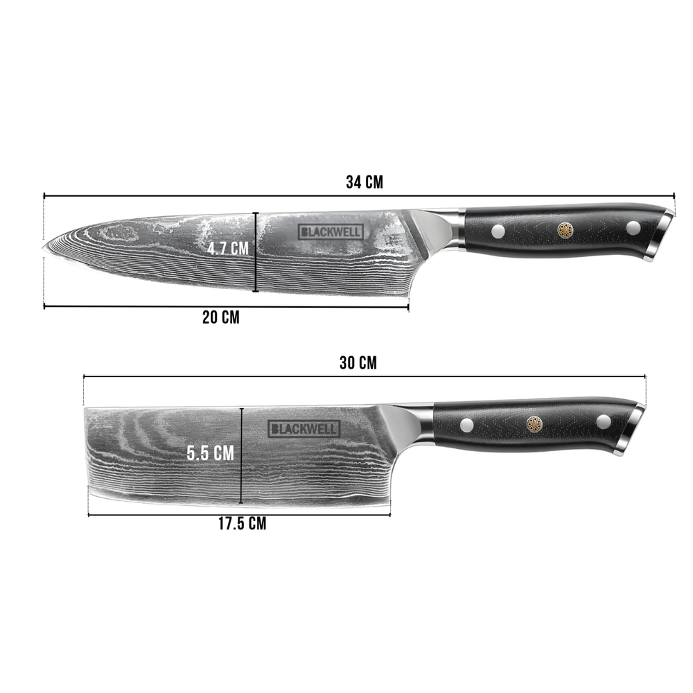 Blackwell Messenset (Koksmes + Groentemes / Nakirimes) - Japanse stijl - 67 lagen damaststaal - VG10 - 2-delig