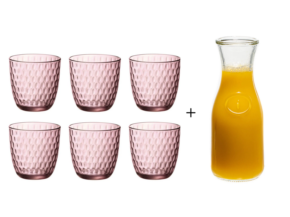 Bormioli Rocco Glazen Slot Roze 290 ml - 6 Stuks + Cookinglife Karaf 1 Liter