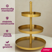 Cookinglife Etagère metaal / goud ø 15, 20 & 25 cm - 3-laags - 35 cm hoog