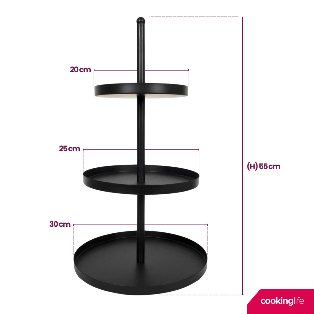 Cookinglife Etagère metaal zwart ø 20, 25 & 30 cm - 3-laags - 55 cm hoog