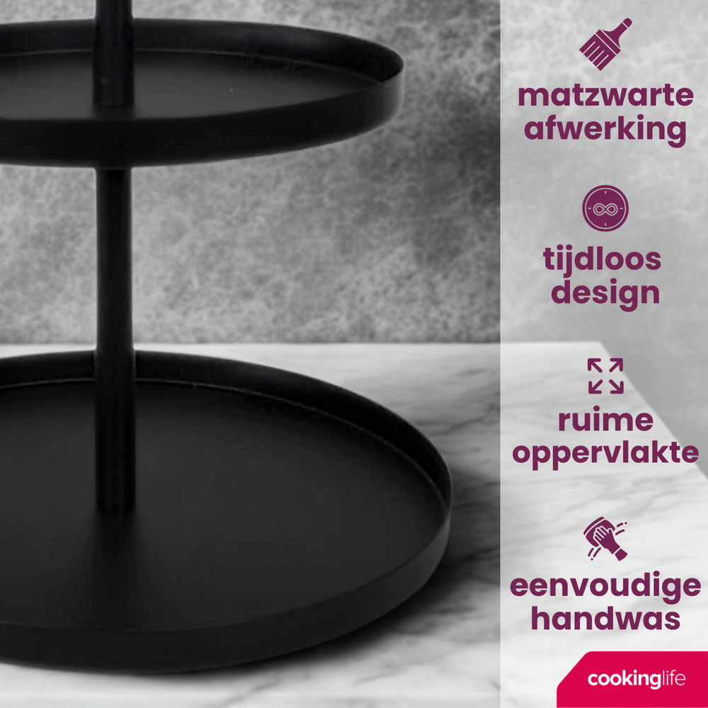 Cookinglife Etagère metaal zwart ø 20, 25 & 30 cm - 3-laags - 55 cm hoog