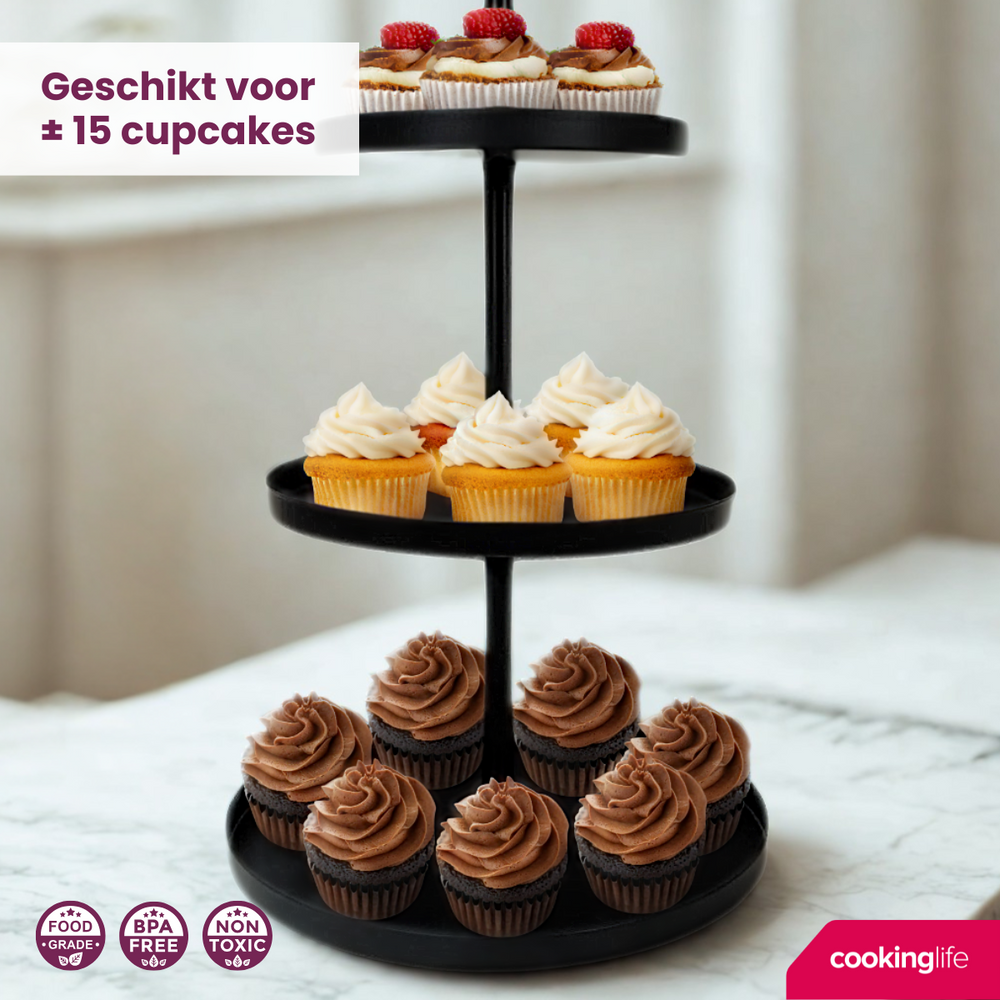 Cookinglife Etagère metaal zwart ø 20, 25 & 30 cm - 3-laags - 55 cm hoog