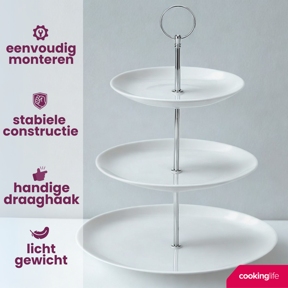 Cookinglife Etagère / serveertoren Food for Fun ø 16, 21 & 26 cm - 3-laags - 34 cm hoog