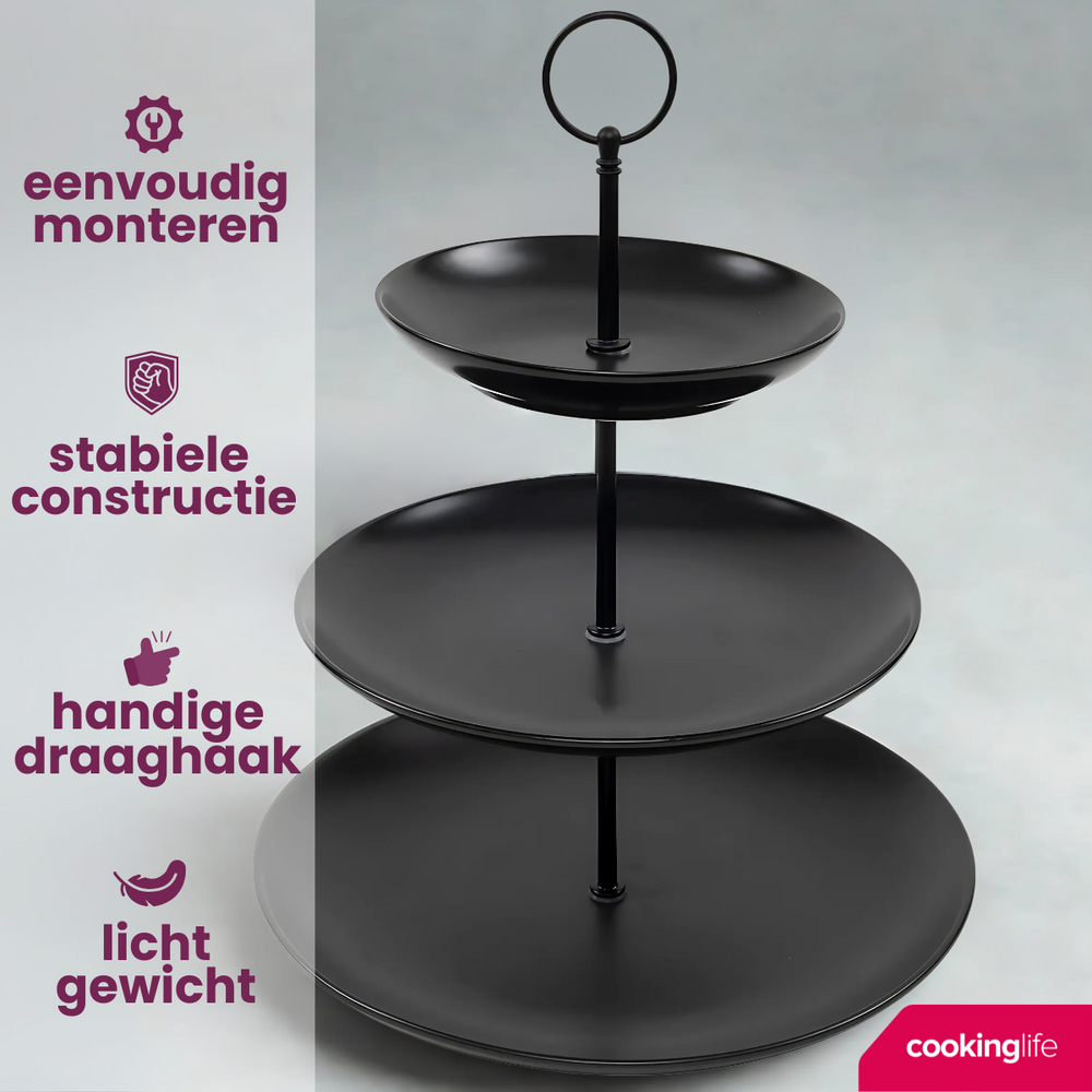 Cookinglife Etagère zwart ø 16, 21 & 26 cm - 3-laags - 32 cm hoog