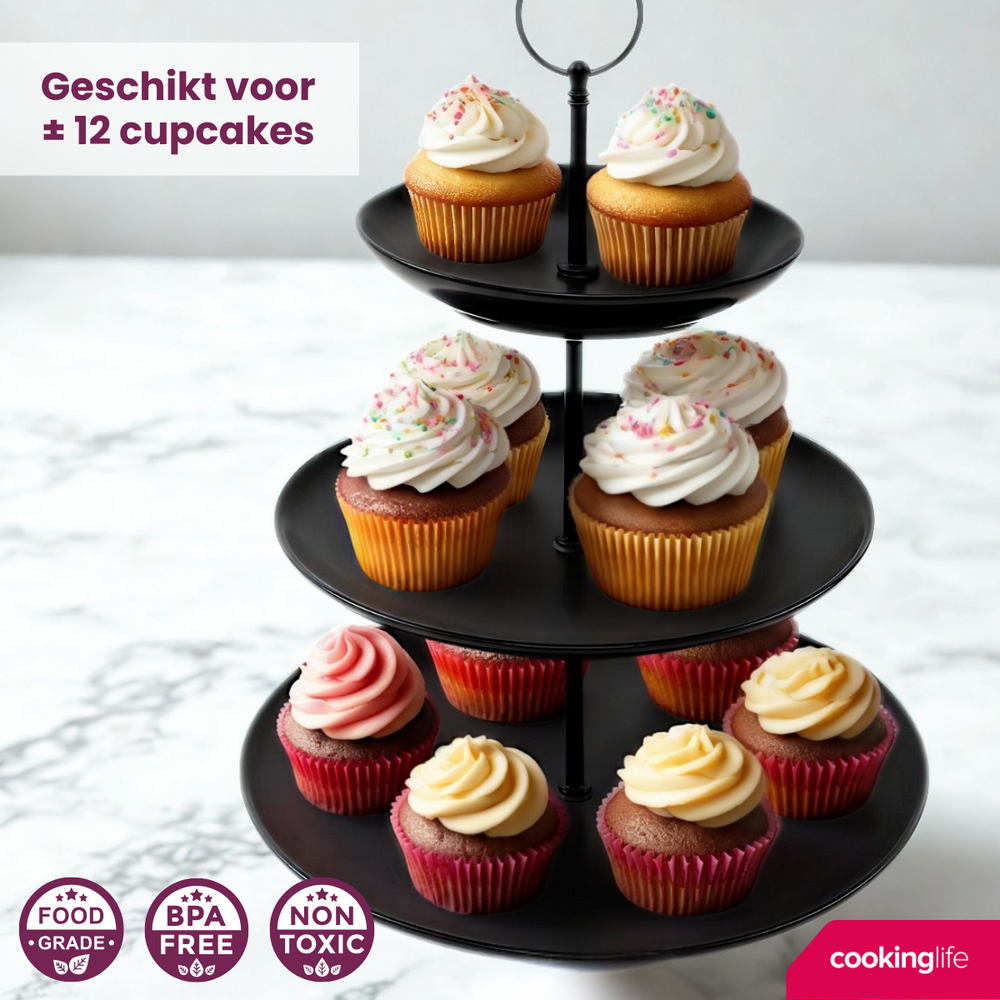 Cookinglife Etagère zwart ø 16, 21 & 26 cm - 3-laags - 32 cm hoog