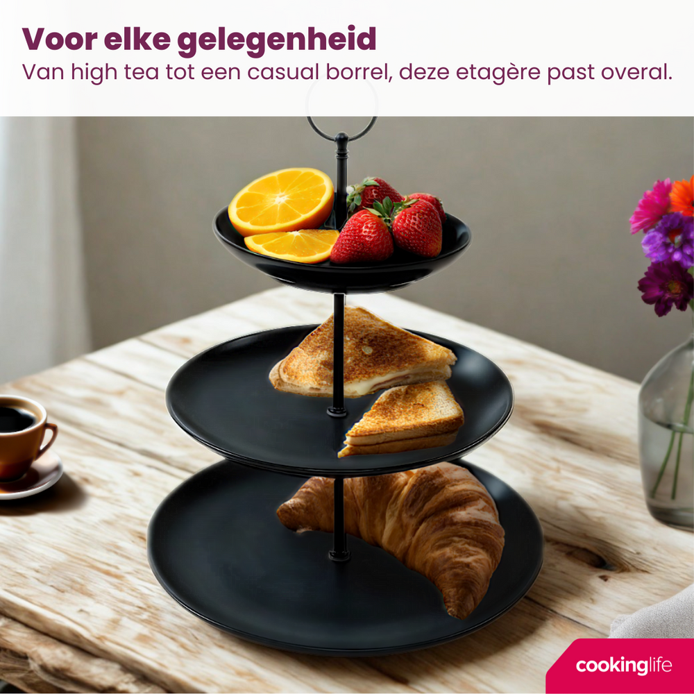 Cookinglife Etagère zwart ø 16, 21 & 26 cm - 3-laags - 32 cm hoog