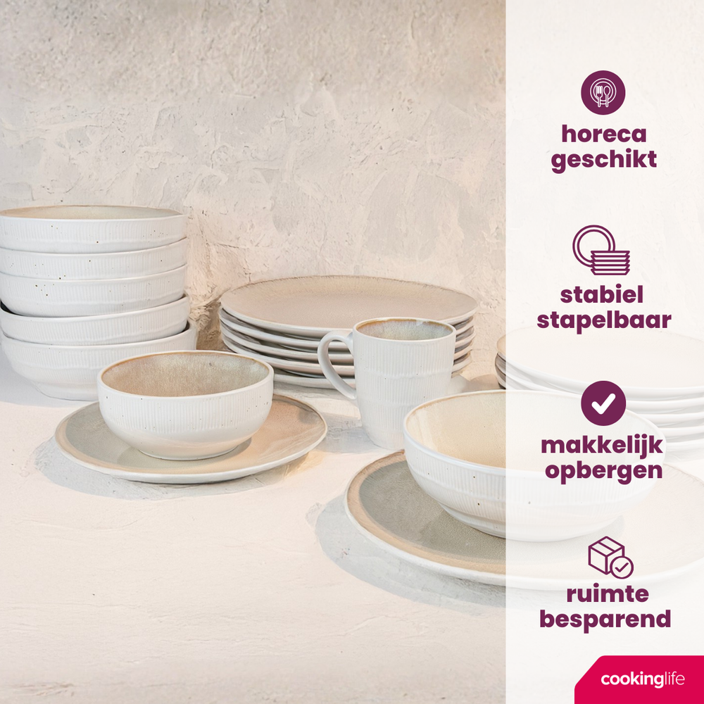 Cookinglife Serviesset Nola Sand reactive glaze 18-delig / 6 personen - 6 dinerborden, 6 ontbijtborden en 6 kommen