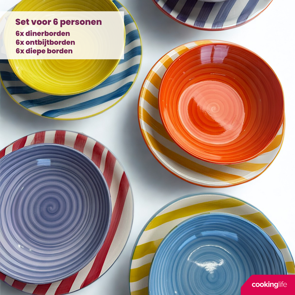 Cookinglife Serviesset Summer Vibes - 18-delig / 6 personen - 6 dinerborden, 6 ontbijtborden en 6 diepe borden