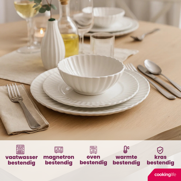 Cookinglife Serviesset Cardida Off White 18-delig / 6 personen - 6 dinerborden, 6 ontbijtborden en 6 kommen