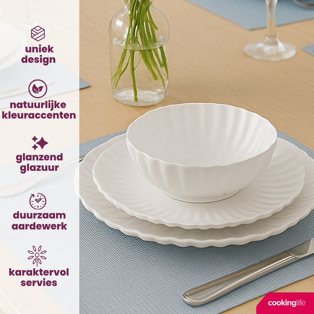 Cookinglife Serviesset Cardida Off White 18-delig / 6 personen - 6 dinerborden, 6 ontbijtborden en 6 kommen