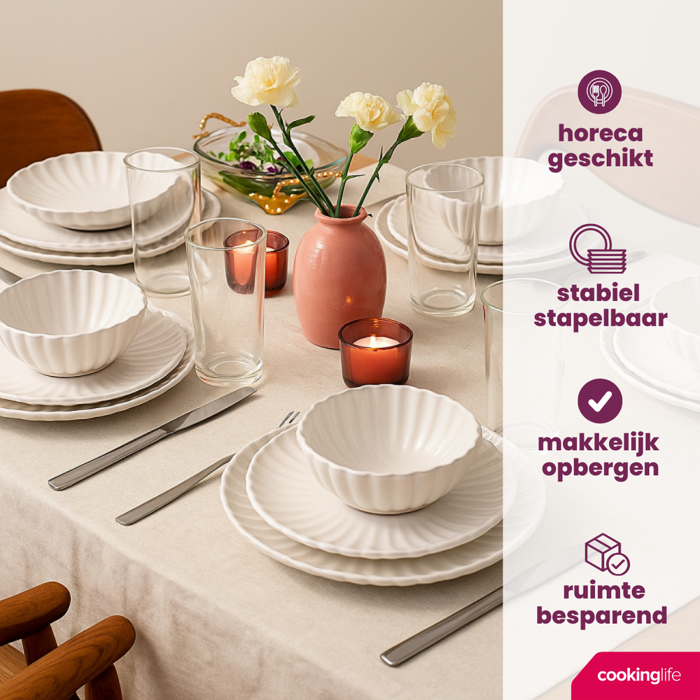 Cookinglife Serviesset Cardida Off White 18-delig / 6 personen - 6 dinerborden, 6 ontbijtborden en 6 kommen