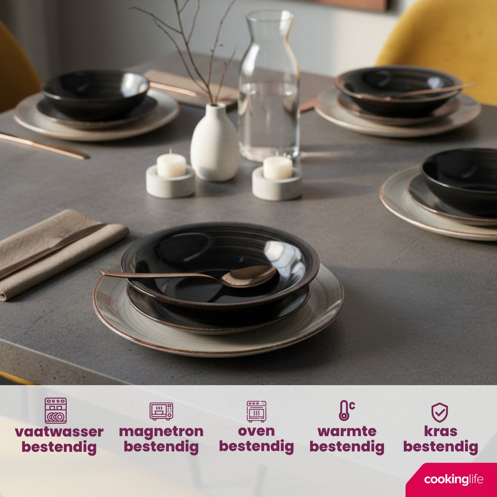 Cookinglife Serviesset Delice Grijs 18-delig / 6 personen - 6 dinerborden, 6 diepe borden en 6 ontbijtborden