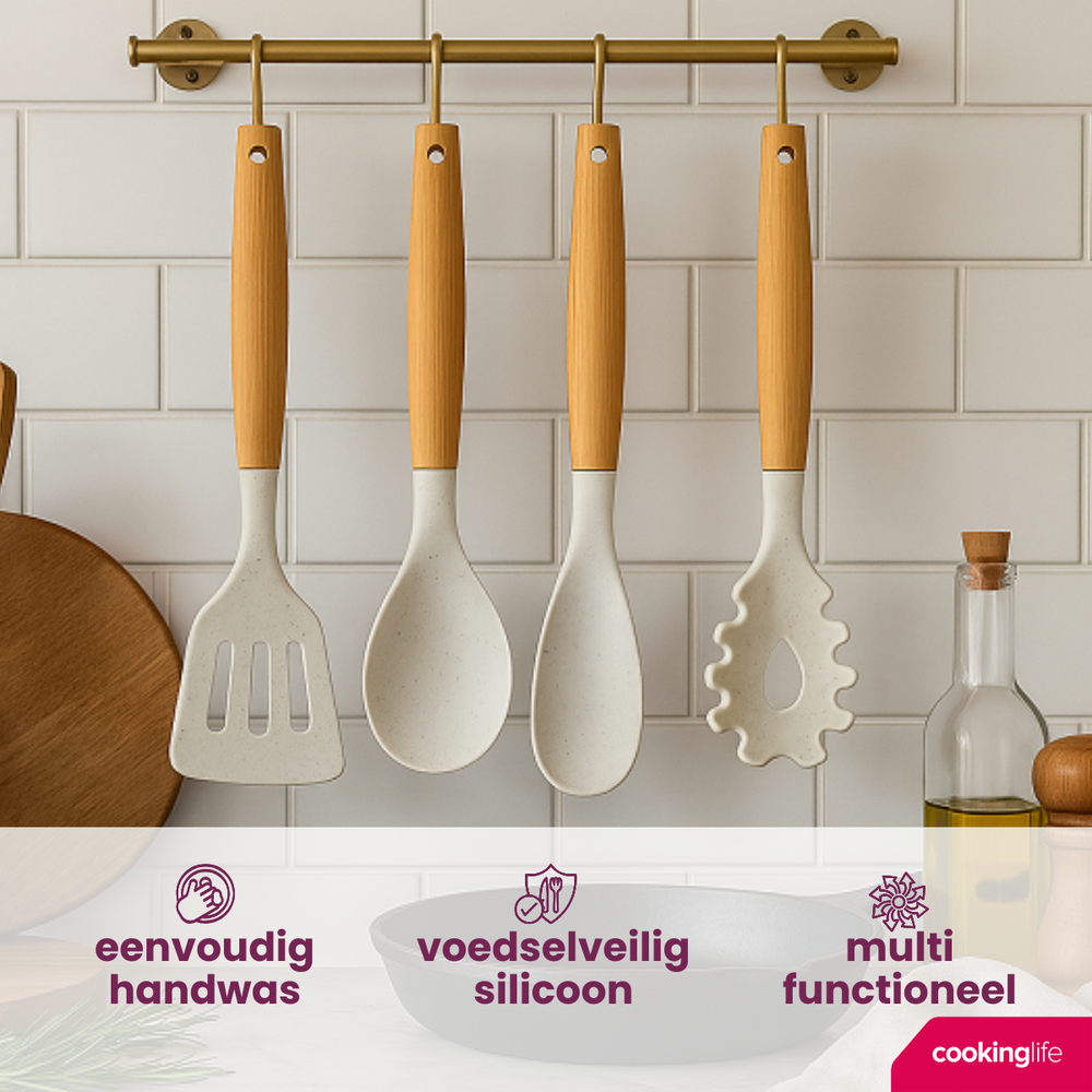 Cookinglife Keukengerei set - Kookgerei set - hout beige 4 delig - Bakspaan, opscheplepel, saladelepel & spaghettilepel