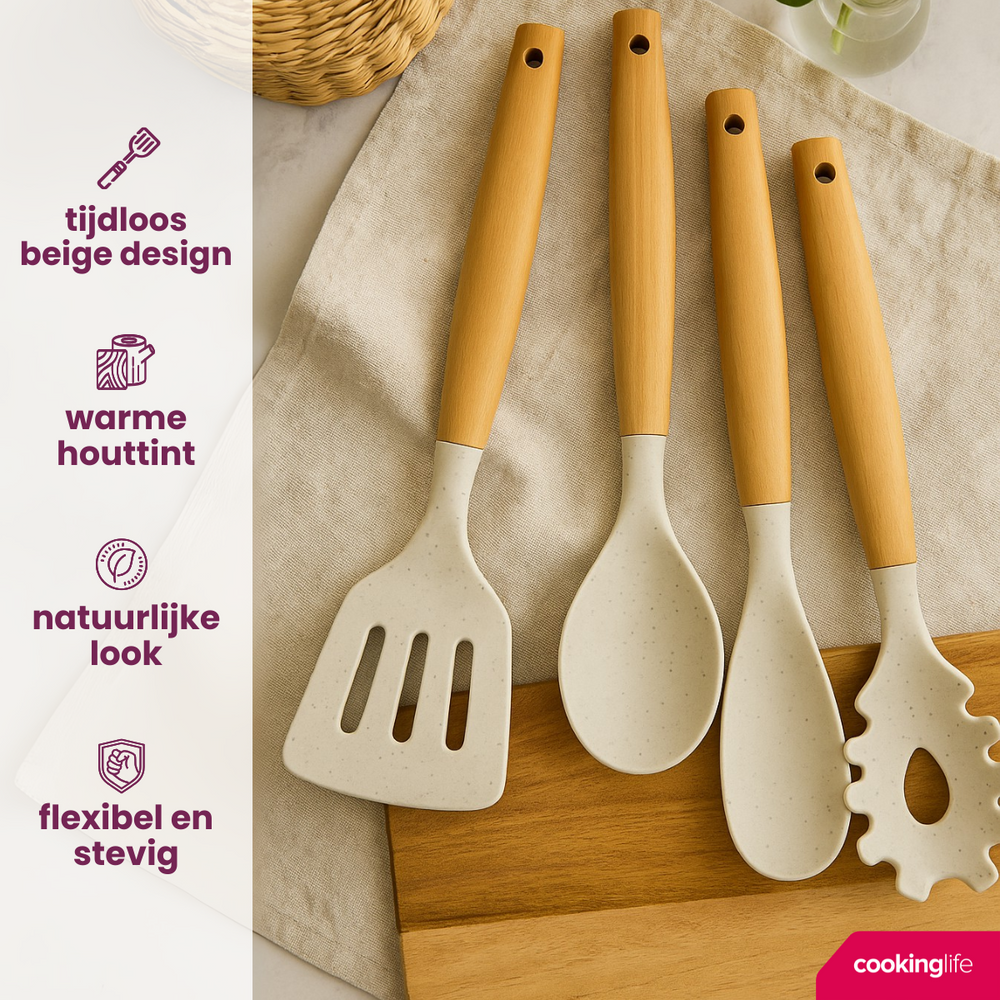 Cookinglife Keukengerei set - Kookgerei set - hout beige 4 delig - Bakspaan, opscheplepel, saladelepel & spaghettilepel