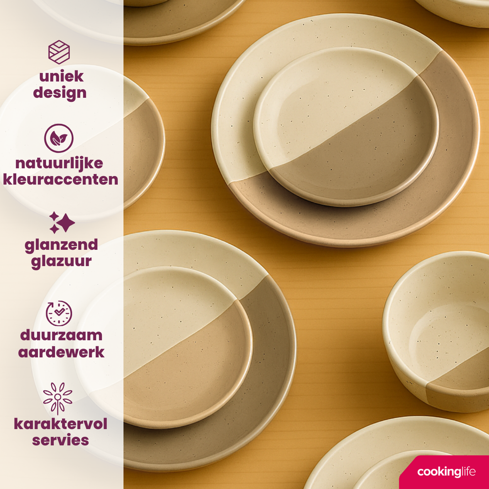 Cookinglife Serviesset Leem 18-delig / 6 personen - 6 dinerborden, 6 ontbijtborden en 6 kommen