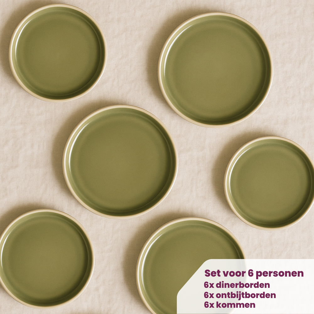 Cookinglife Serviesset Mos Groen 18-delig / 6 personen - 6 dinerborden, 6 ontbijtborden en 6 kommen