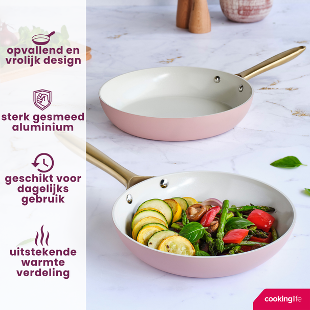 Cookinglife Koekenpannenset Style Roze - ø 24 & 28 cm - keramische anti-aanbaklaag - geschikt voor alle warmtebronnen