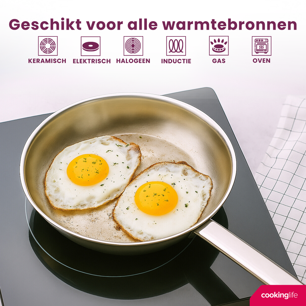 Cookinglife Koekenpan Superior RVS ø 28 cm - zonder anti-aanbaklaag - geschikt voor alle wartmebronnen - PFAS-vrij