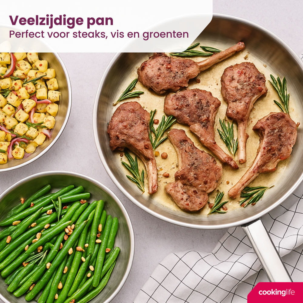 Cookinglife Koekenpan Superior RVS ø 28 cm - zonder anti-aanbaklaag - geschikt voor alle wartmebronnen - PFAS-vrij