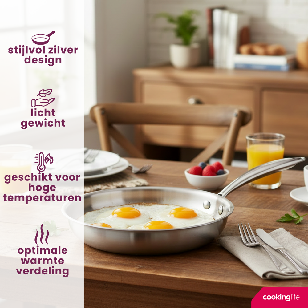 Cookinglife Koekenpan Superior Triply RVS ø 20 cm - geschikt voor alle warmtebronnen - zonder anti-aanbaklaag