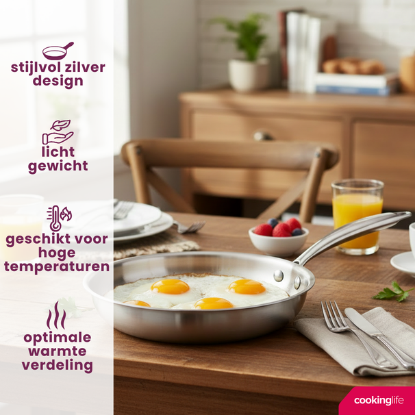 Cookinglife Koekenpan Superior Triply RVS ø 20 cm - geschikt voor alle warmtebronnen - zonder anti-aanbaklaag