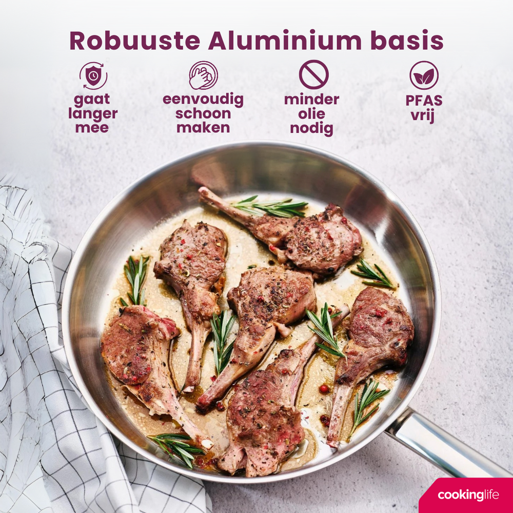 Cookinglife Koekenpan Superior RVS ø 28 cm - zonder anti-aanbaklaag - geschikt voor alle wartmebronnen - PFAS-vrij