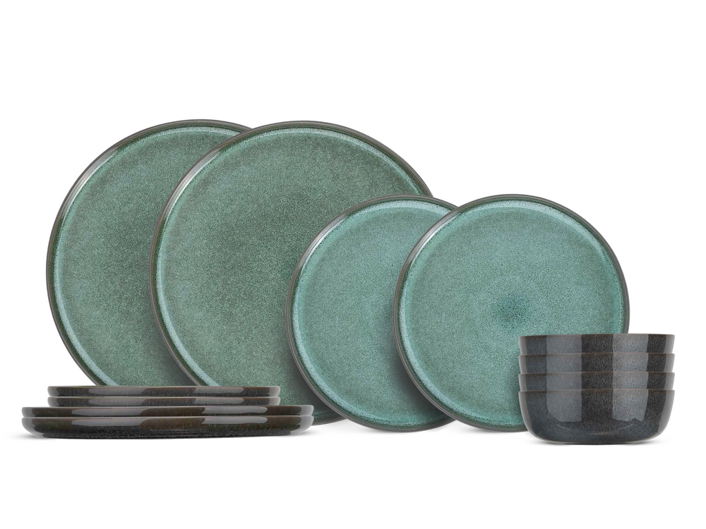 Cosy & Trendy Serviesset Lerida Meadow Groen 12-Delig / 4 Personen - 4 dinerborden, 4 ontbijtborden en 4 kommen