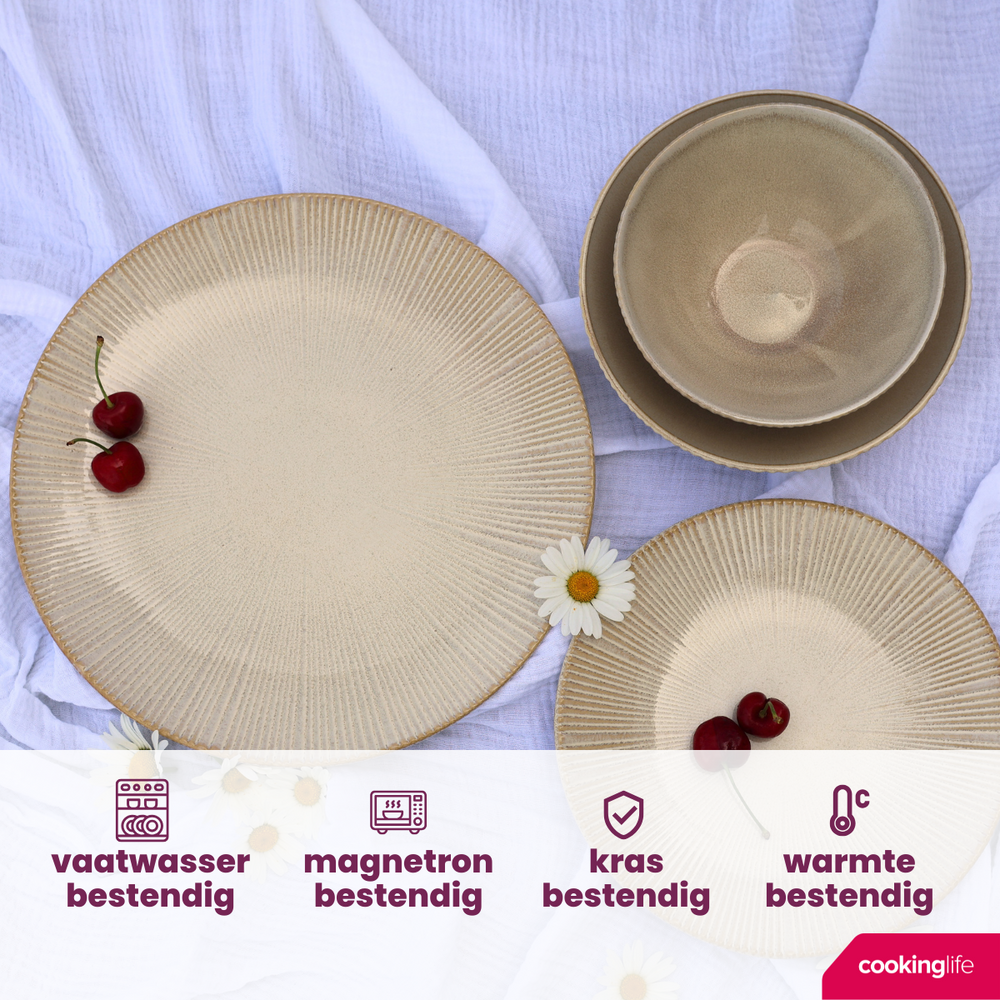 Cookinglife Serviesset Coastal Lines Ocean Beige 18-delig / 6 personen - 6 dinerborden, 6 ontbijtborden en 6 diepe borden