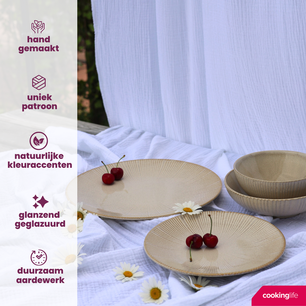 Cookinglife Serviesset Coastal Lines Ocean Beige 18-delig / 6 personen - 6 dinerborden, 6 ontbijtborden en 6 diepe borden