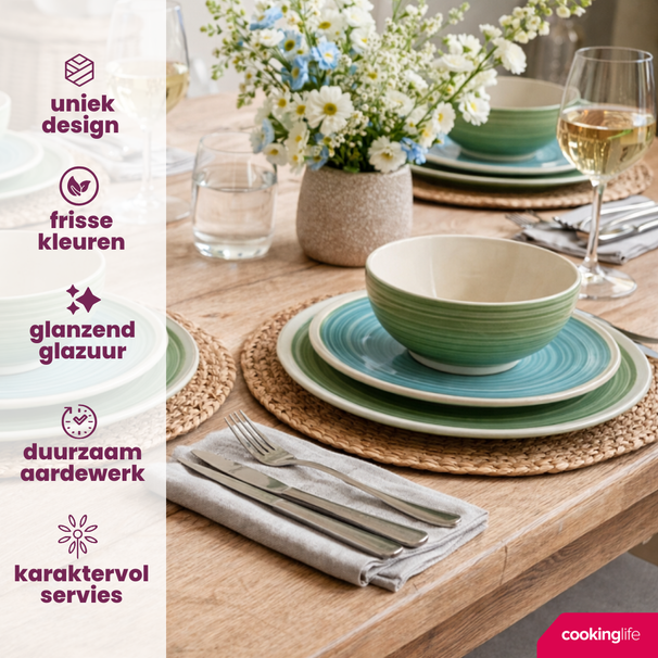 Cookinglife Serviesset Oceanico Turquoise 24-delig / 8 Personen - 8 dinerborden, 8 ontbijtborden en 8 kommen